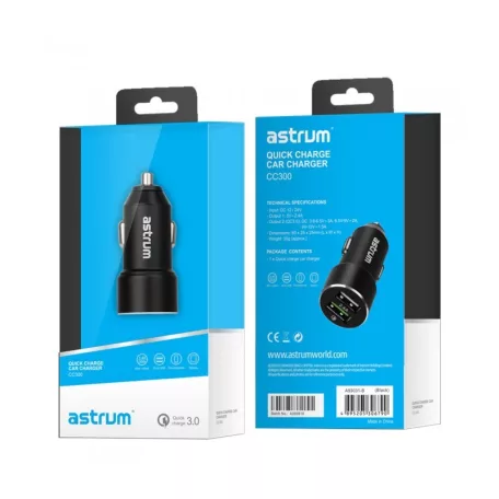 Astrum CC300 prémium fémházas gyorstöltő (Quick Charge 3.0) autós töltő 2X USB, (USB 2.4A 12W + USB QC 3.0 18W)