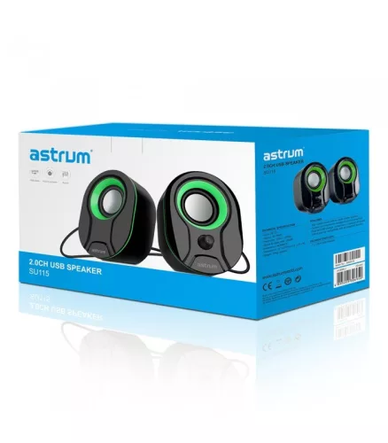 Astrum SU115 fekete-zöld 2.0 csatornás 3,5MM multimédia hangszóró USB-s áramellátással, hangerőszabályozóval, prémium hangzással 2 X 3W