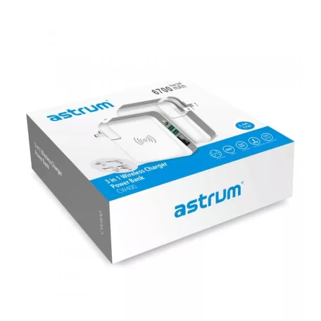 Astrum CW400 Prémium all in one utazó vezeték nélküli (5W) / hálózati töltő és power bank (6700mAh) 4 féle dugvillával 12W