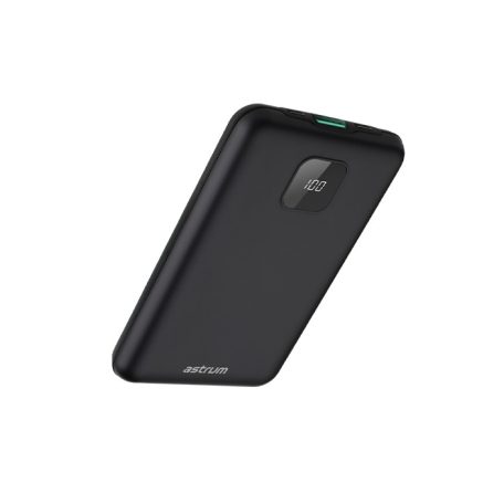 Astrum PB450 10000mAh fekete fémházas gyorstöltő PD power bank 22,5W, 1X QC 3.0 USB-A, USB-C, li-polymer cellákkal, LCD