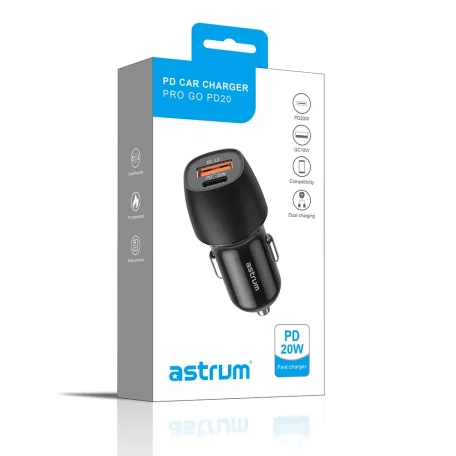 Astrum PRO GO PD20 autós szivar gyorstöltő 1X USB (18W), 1X Type-C (20W) csatlakozóval fekete