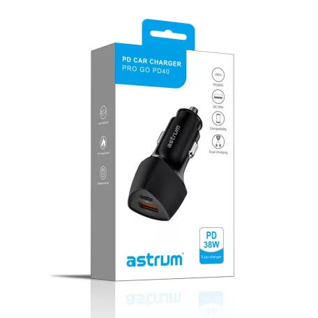 Astrum PRO GO PD40 autós szivar gyorstöltő 1X USB (18W), 1X Type-C (38W) csatlakozóval fekete