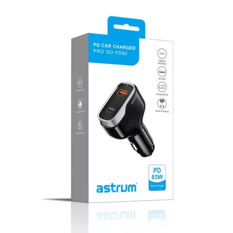 Astrum PRO GO PD85 autós szivar gyorstöltő 1X USB (18W), 1X Type-C (65W) csatlakozóval fekete