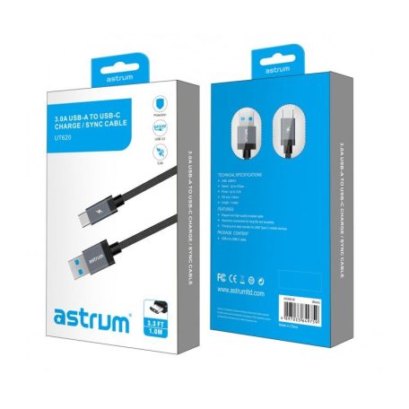 Astrum UT620 USB - Type-C  3.0A 3.1 strapabíró erősített adatkábel fekete A53062-B