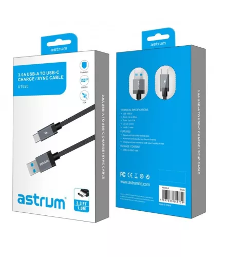 Astrum UT620 USB - Type-C  3.0A 3.1 strapabíró erősített adatkábel fekete A53062-B