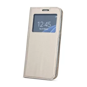   Smart Look Huawei P20 oldalra nyíló bőrhatású ablakos könyv tok szilikon belsővel arany