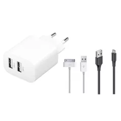   Raven Design hálózati töltő 2X USB-A csatlakozóval, 1.4A 7W micro USB és 30-PIN Apple kábellel