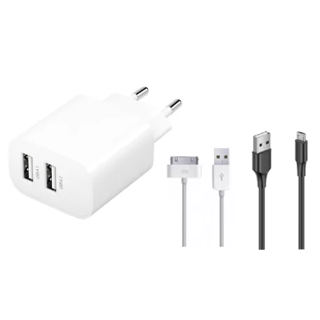 Raven Design hálózati töltő 2X USB-A csatlakozóval, 1.4A 7W micro USB és 30-PIN Apple kábellel