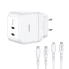 Bliszteres QDOS POWERCUBE TRIO 45W GaN fehér hálózati töltő USB Type-C és Lightning adatkábellel (MFI tanúsítvánnyal) 3A