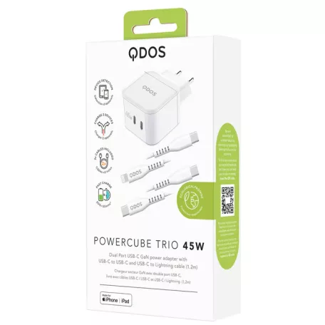 Bliszteres QDOS POWERCUBE TRIO 45W GaN fehér hálózati töltő USB Type-C és Lightning adatkábellel (MFI tanúsítvánnyal) 3A