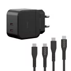Bliszteres QDOS POWERCUBE TRIO 45W GaN fekete hálózati töltő 2db USB Type-C adatkábellel 3A