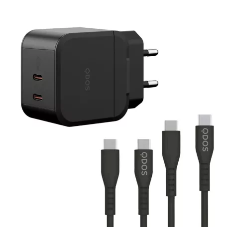 Bliszteres QDOS POWERCUBE TRIO 45W GaN fekete hálózati töltő 2db USB Type-C adatkábellel 3A