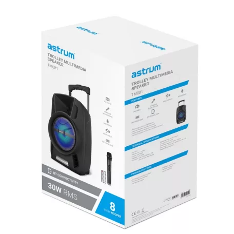 Astrum TM081 "Trolley" hordozható bluetooth hangszóró  8.0", 30W, FM, USB, MicroSD, színes LED világítás, mikrofon