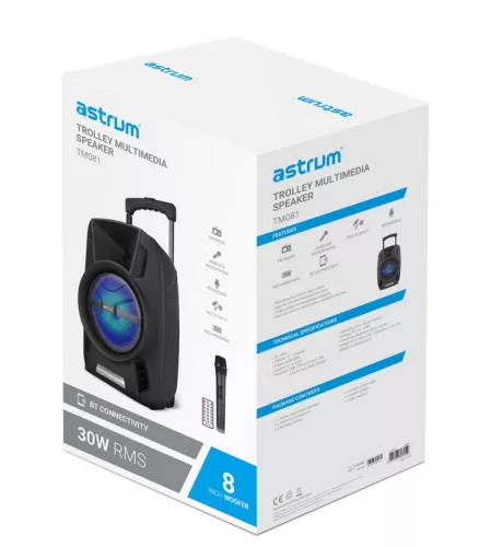 Astrum TM081 "Trolley" hordozható bluetooth hangszóró  8.0", 30W, FM, USB, MicroSD, színes LED világítás, mikrofon