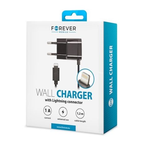 Forever Apple iPhone 8pin Lightning hálózati töltő1A 1,2M kábellel EU fekete 5W