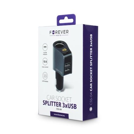 Forever CSS-04 szivargyújtó töltő 3x USB foglalattal LCD kijelzővel (Max 3x3.1A) Smart IC-vel 15W