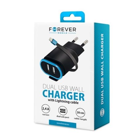Forever TC-02 Apple iPhone 8pin Lightning hálózati töltő 2.4A + 2x USB foglalattal 0,2M kábellel EU fekete 12W
