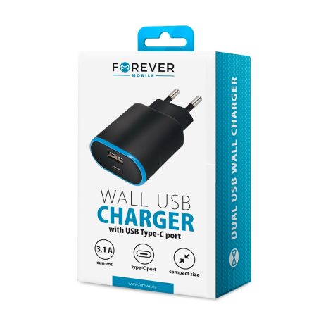 Forever TC-03 hálózati töltőfej 1x USB és 1x Type-C foglalattal 3.1A fekete (15W)