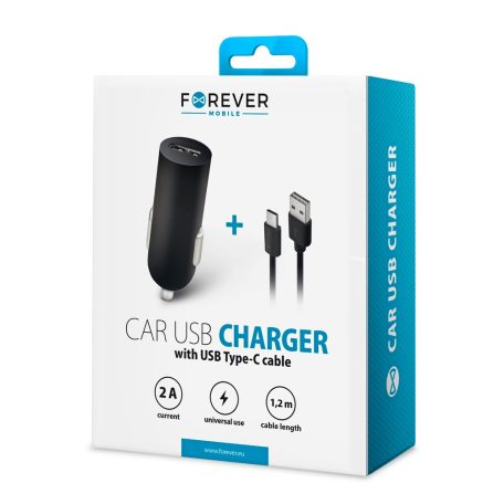 Forever M02 szivargyújtó töltő 1x USB csatlakozóval és Type-C kábellel, (Max 2A, 1,2m) 10W