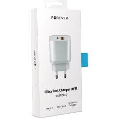   Forever Core PD QC hálózati töltőfej 1x USB és 1x Type-C foglalattal, kijelzővel fehér 20W