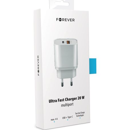 Forever Core PD QC hálózati töltőfej 1x USB és 1x Type-C foglalattal, kijelzővel fehér 20W