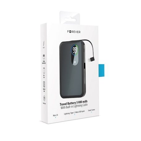 Forever power bank micro USB / Type-C / Lightning csatlakozóval 5000mAh fekete (max 2A) 10W