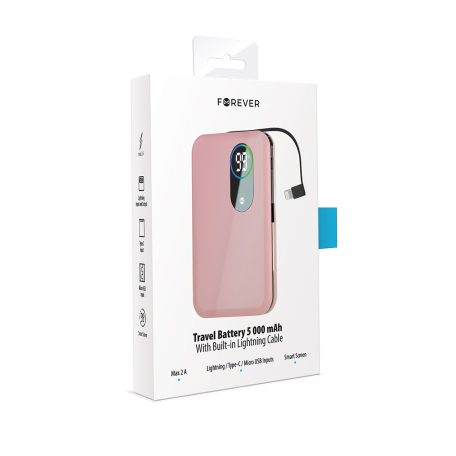 Forever power bank micro USB / Type-C / Lightning csatlakozóval 5000mAh pink (max 2A) 10W
