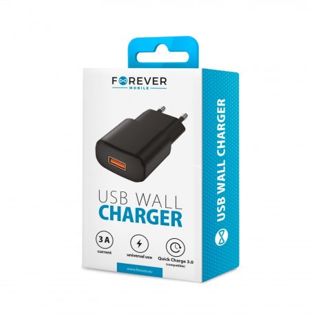 Forever TC-01 QC3.0 hálózati gyorstöltőfej USB csatlakozóval 3A fekete (18W)