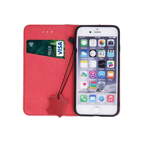 Genuine Leather Apple iPhone 13 (6.1) oldalra nyíló mágneses bőrhatású könyv tok szilikon belsővel piros