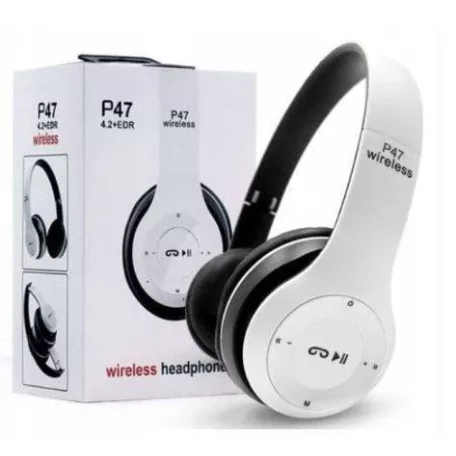 Foldable P47 fehér - fekete sztereó összecsukható fejhallgató EDR technologiával, beepitett mikrofonnal, FM rádió, MicroSD foglalattal, Bluetooth 4.2