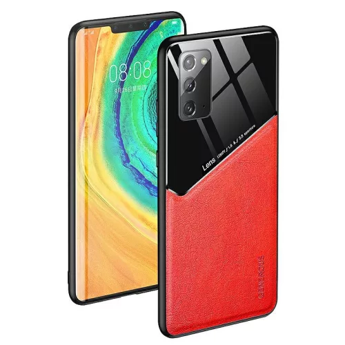 Lens tok - Xiaomi Redmi 9T / Poco M3 piros üveg / bőr tok beépített mágneskoronggal