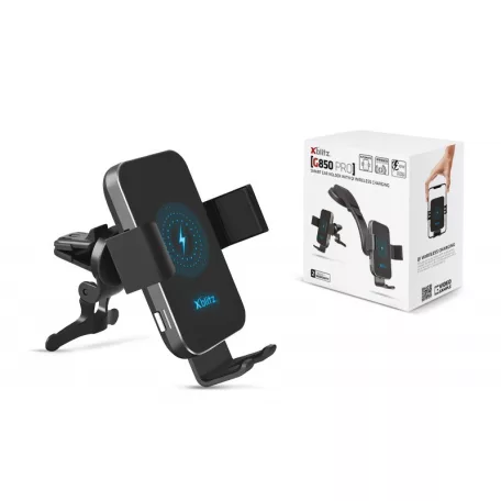 Xblitz G850 PRO fekete automata, univerzális autós tartó vezeték nélküli (QI) töltéssel, szellőzőre, műszerfalra, 10W
