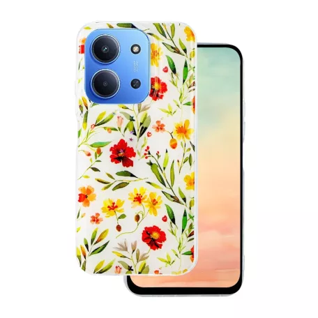 Glow Glam - Xiaomi Redmi 15C 4G / Redmi 15C 5G (173mm) virágmintás szilikon tok, fehér