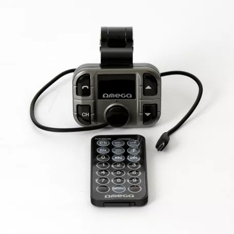 Omega F28 autós bluetooth kihangosító + FM Transmitter, BT V2.1+EDR, LCD kijelző, USB, MicroSD, mikrofon (OUTF28)