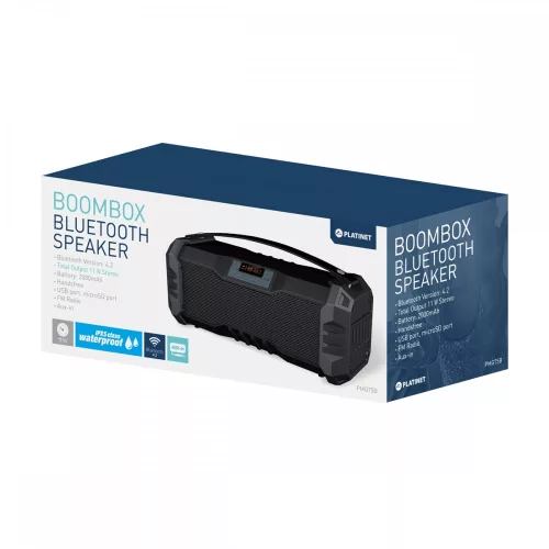 Platinet PMG75B boombox IP5X bluetooth hangszóró, 11W (2*5,5W), BT V4.2, FM, AUX, USB, MicroSD, fekete