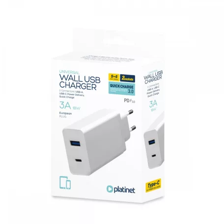 Platinet hálózati gyorstöltőfej USB és Type-C csatlakozóval 3A fehér (18W)