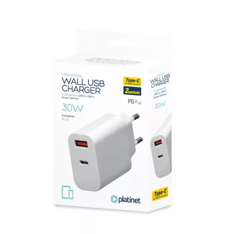 Platinet hálózati gyorstöltőfej USB és Type-C csatlakozóval 2x5V/3A fehér (30W)