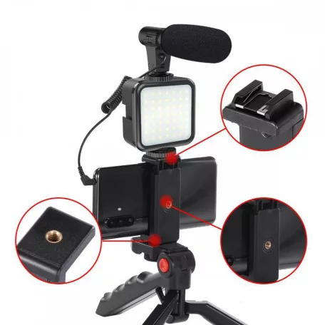 Platinet PMVG4IN1 4IN1 Led selfielámpa telefontartóval, mikrofonnal és tripod állvánnyal