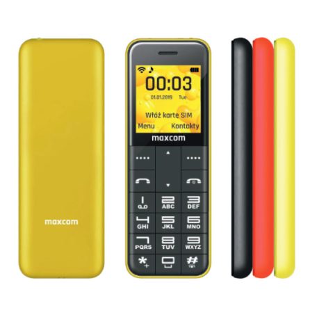 Maxcom MM111 kártyafüggetlen, bluetooth-os, fm rádiós mini mobiltelefon sárga / piros / fekete hátlappal (magyar nyelvű menüvel)