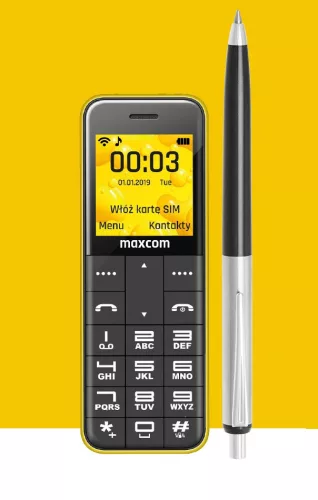 Maxcom MM111 kártyafüggetlen, bluetooth-os, fm rádiós mini mobiltelefon sárga / piros / fekete hátlappal (magyar nyelvű menüvel)
