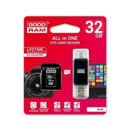 Goodram microSDHC 32GB Class 10 memóriakártya SD adapterrel, Type - C / Micro USB / USB OTG kártyaolvasóval és Artisjus matricával - M1A5-0320R11 