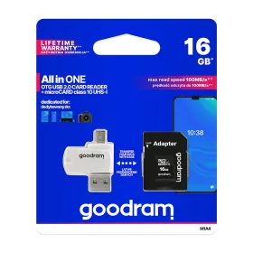   Goodram microSDHC 16GB Class 10 memóriakártya SD adapterrel, Micro USB / USB OTG kártyaolvasóval és Artisjus matricával - M1A4-0160R12