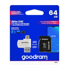   Goodram microSDHC 64GB Class 10 memóriakártya SD adapterrel, Micro USB / USB OTG kártyaolvasóval és Artisjus matricával - M1A4-0640R12