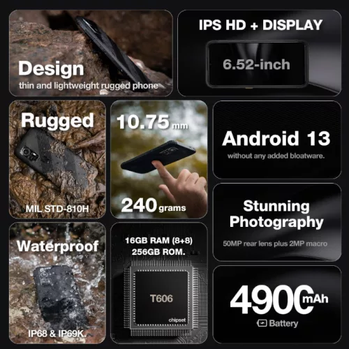 AGM H6 ütés- és vízálló 8+256GB IP68 érintős mobiltelefon, kártyafüggetlen, Dual Sim, fekete, 6,56 inch