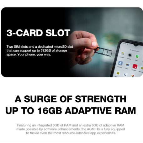 AGM H6 ütés- és vízálló 8+256GB IP68 érintős mobiltelefon, kártyafüggetlen, Dual Sim, fekete, 6,56 inch