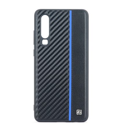 Meleovo Carbon bőrhatású prémium fekete-kék hátlapvédő tok Huawei P30