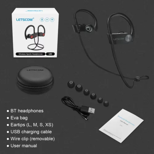 Letscom U8I Bluetooth 5.0 sztereó sport fekete headset prémium tokkal