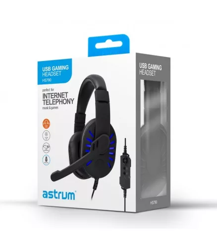 Astrum HS790 sztereó fekete gaming fejhallgató állítható mikrofonnal, beépített LED lámpákkal, prémium hangzással