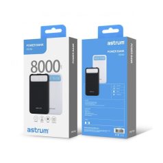   Astrum PB780 V2 fekete Power Bank 8000MAH 2XUSB 2A input, 2,1A/1A output, LED kijelzővel, Li-Polymer akkucellákkal 10W