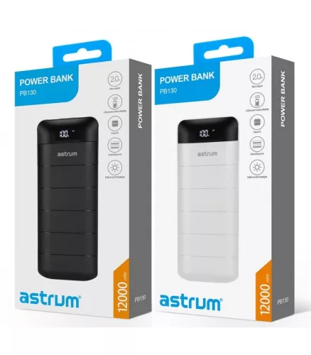 Astrum PB130 V2 gumírozott külső akkumulátor 13000mAh 2X USB, 2A input, 2A output fekete 10W
